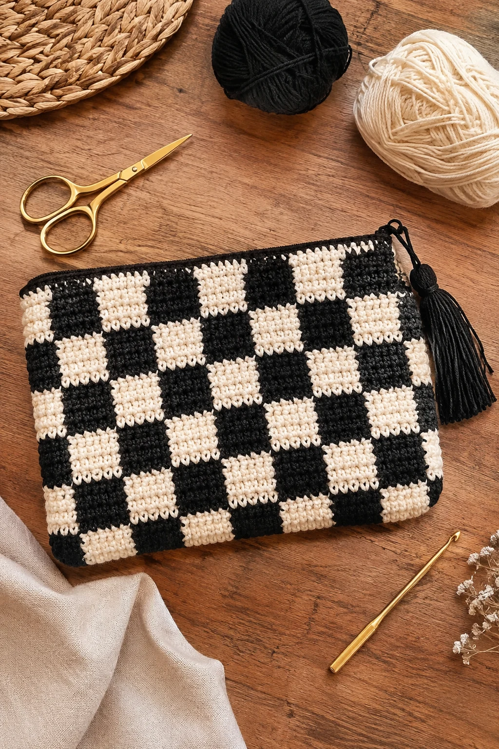 Black-and-White Checkerboard Pouch — crochet makeup bag style outfit