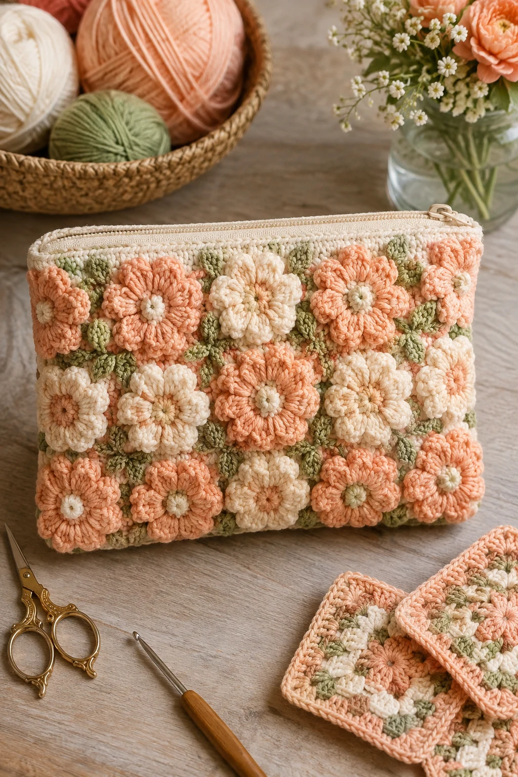 Peach and Cream Flower Pouch — crochet makeup bag style outfit