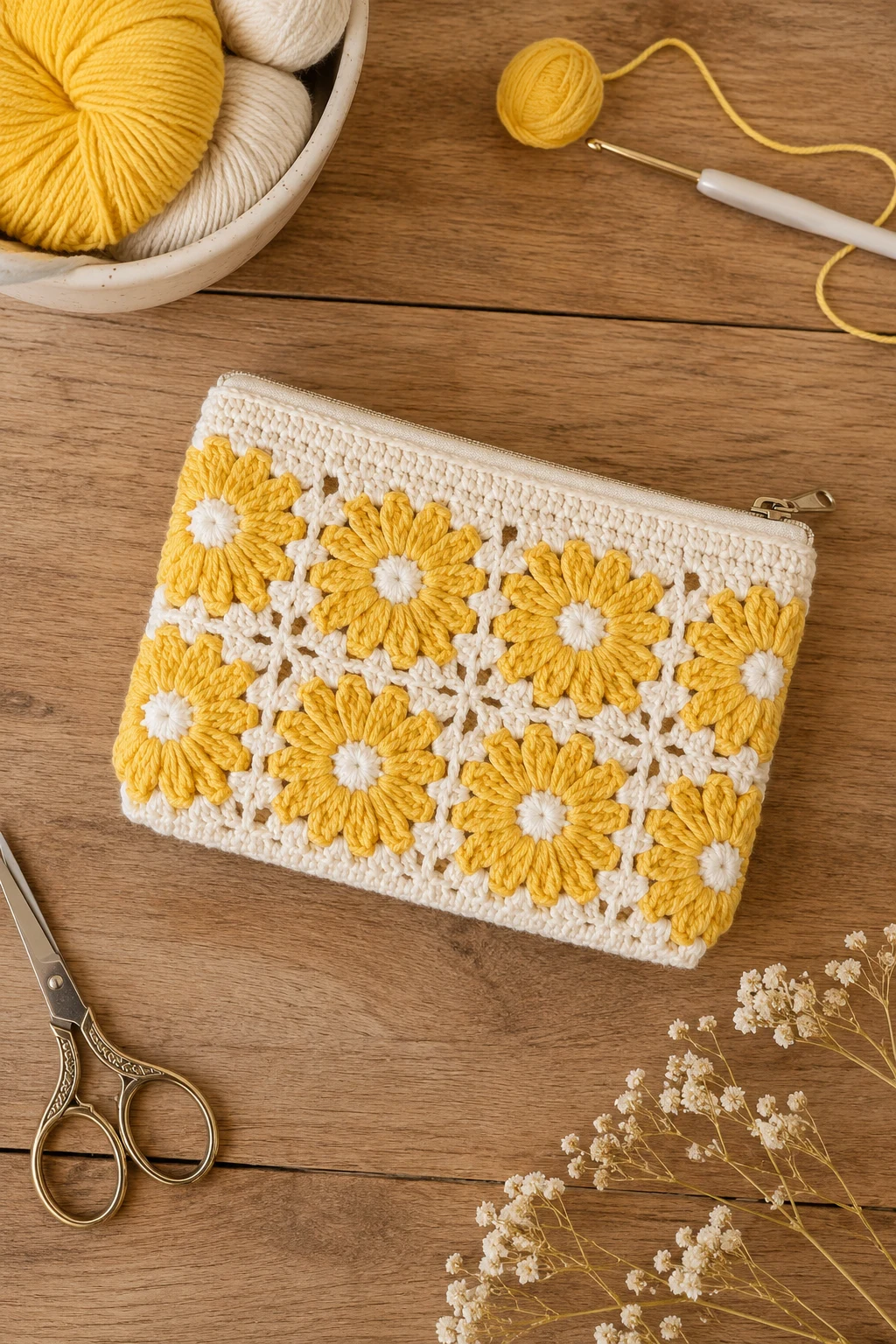 Sunny Yellow Daisy Pouch — crochet makeup bag style outfit