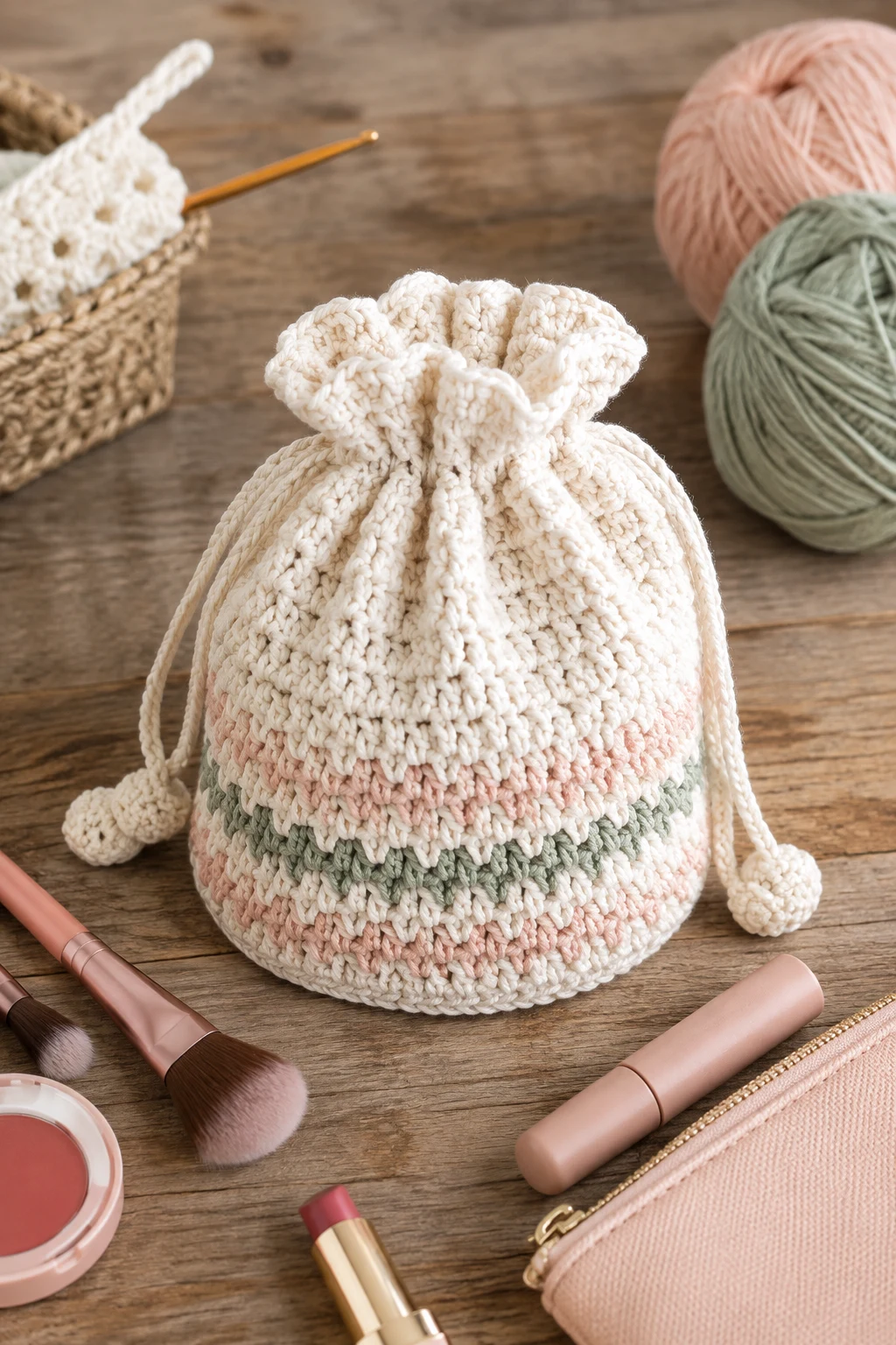 Crochet Makeup Bag With a Drawstring — crochet makeup bag style outfit