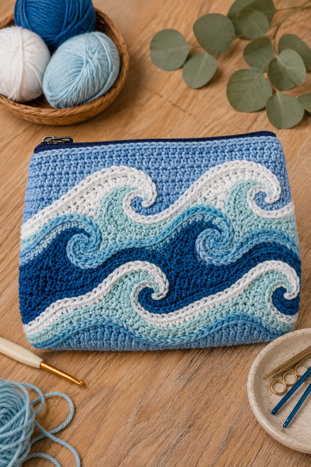 Ocean Blue Wave Pouch — crochet makeup bag style outfit