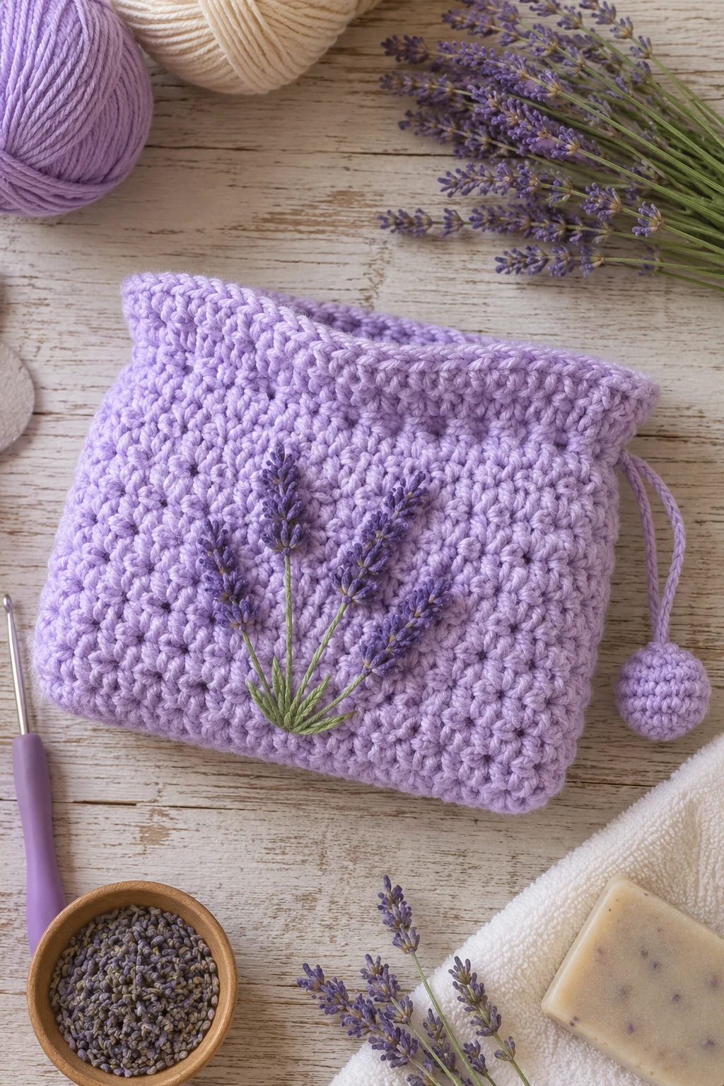 Lavender Spa Pouch — crochet makeup bag style outfit