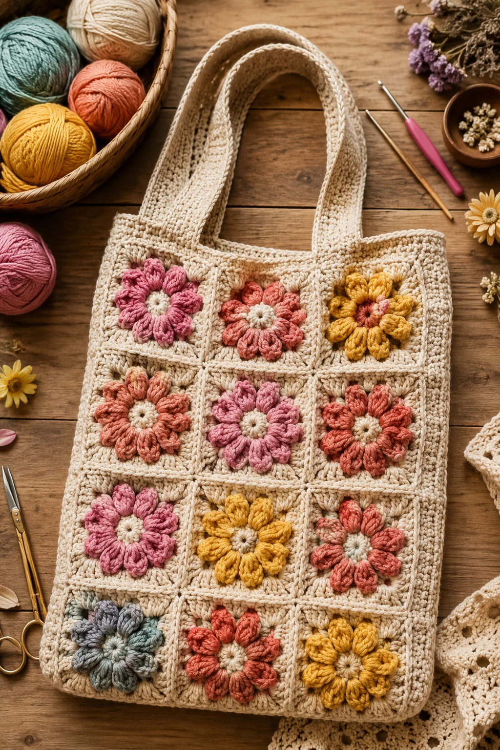 Floral Motif Market Tote — crochet market bag style outfit