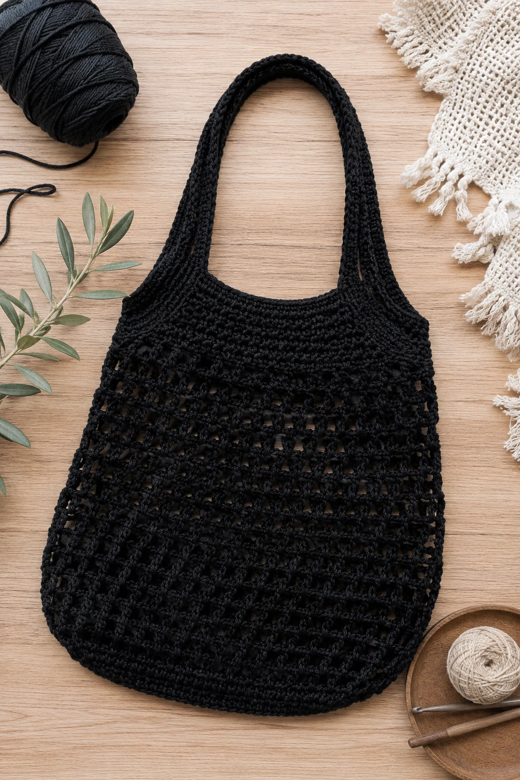 Minimalist Black Crochet Market Bag — crochet market bag style outfit