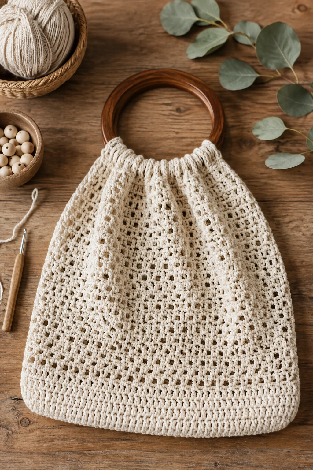 Market Bag With a Wooden Handle — crochet market bag style outfit