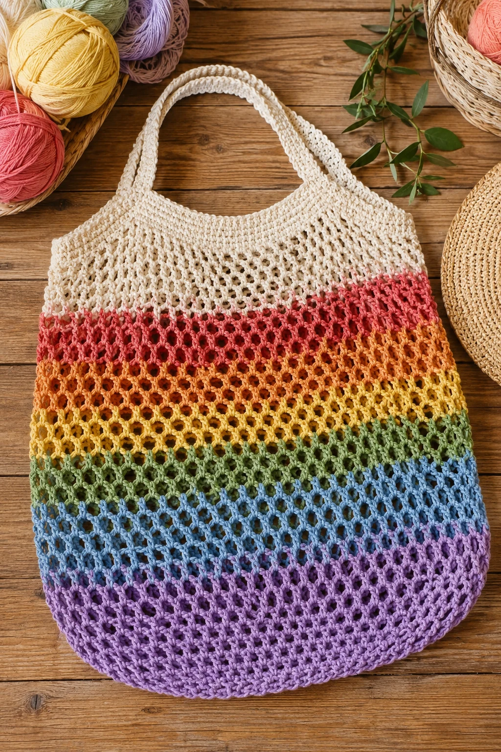 Rainbow Stripe Crochet Market Bag — crochet market bag style outfit