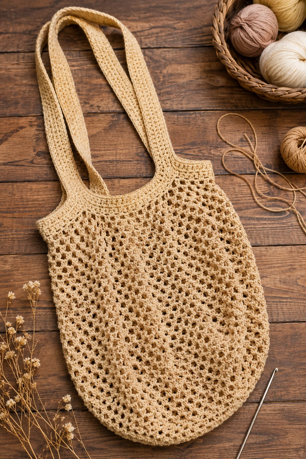 Foldable Crochet Market Bag With Long Handles — crochet market bag style outfit