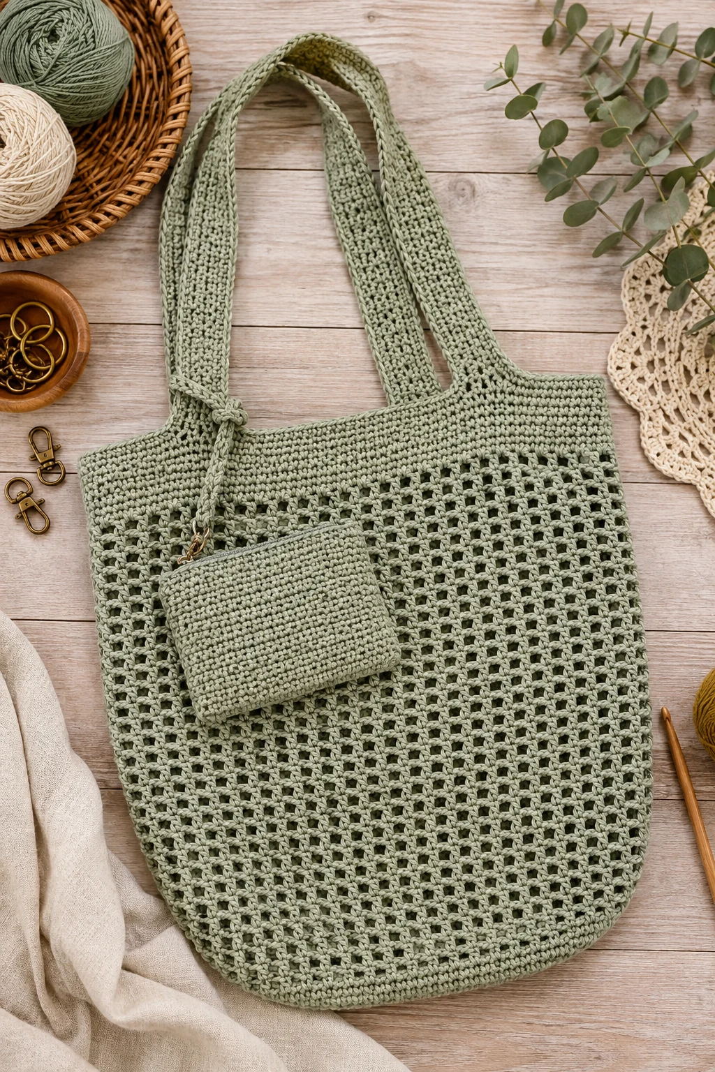 Crochet Market Bag With Pouch — crochet market bag style outfit