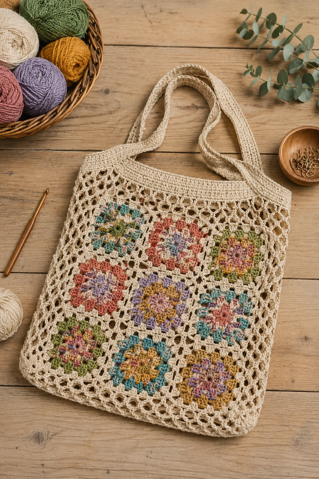 Granny Square Mesh Bag — crochet mesh bag style outfit