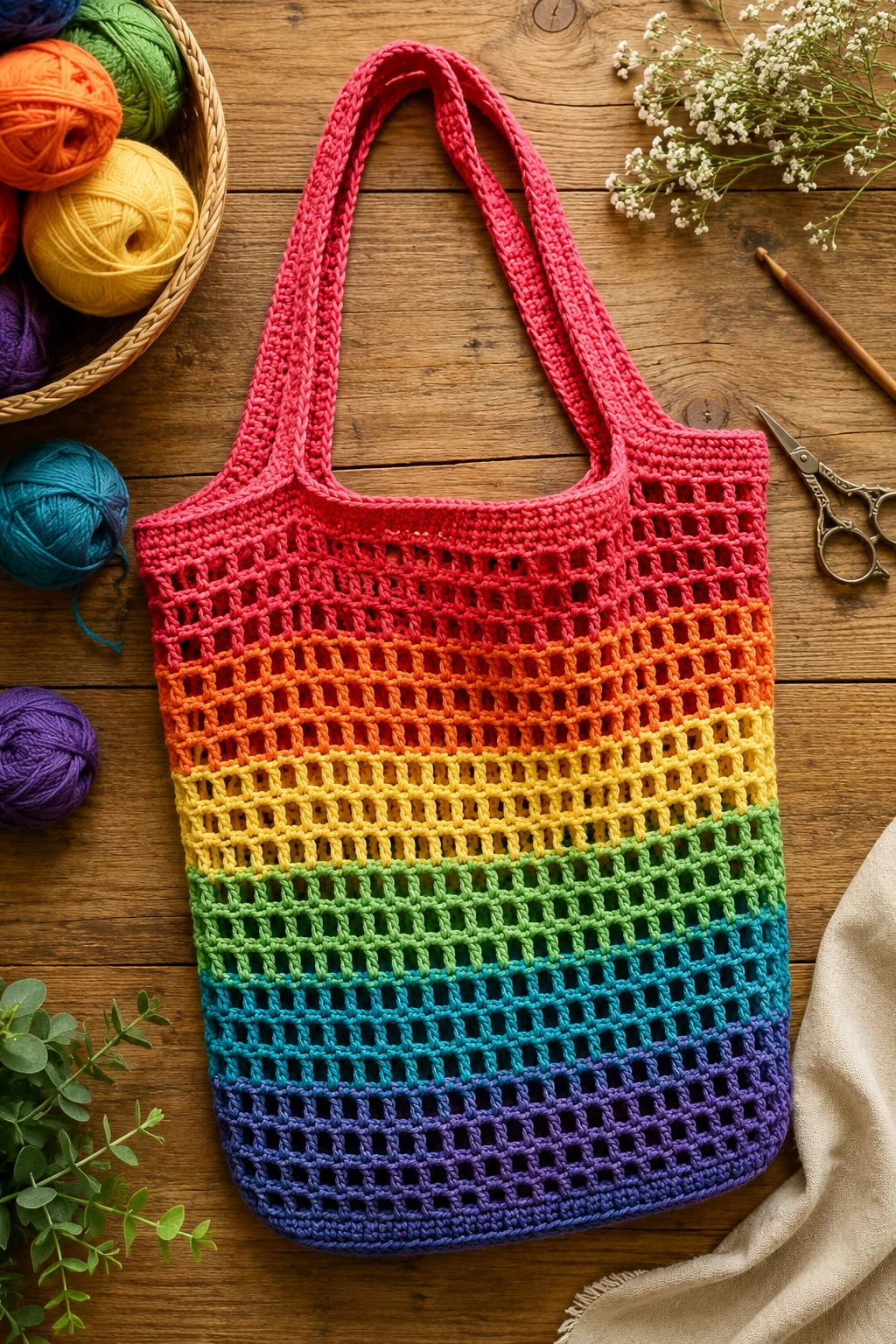 Rainbow Stripe Market Tote — crochet mesh bag style outfit