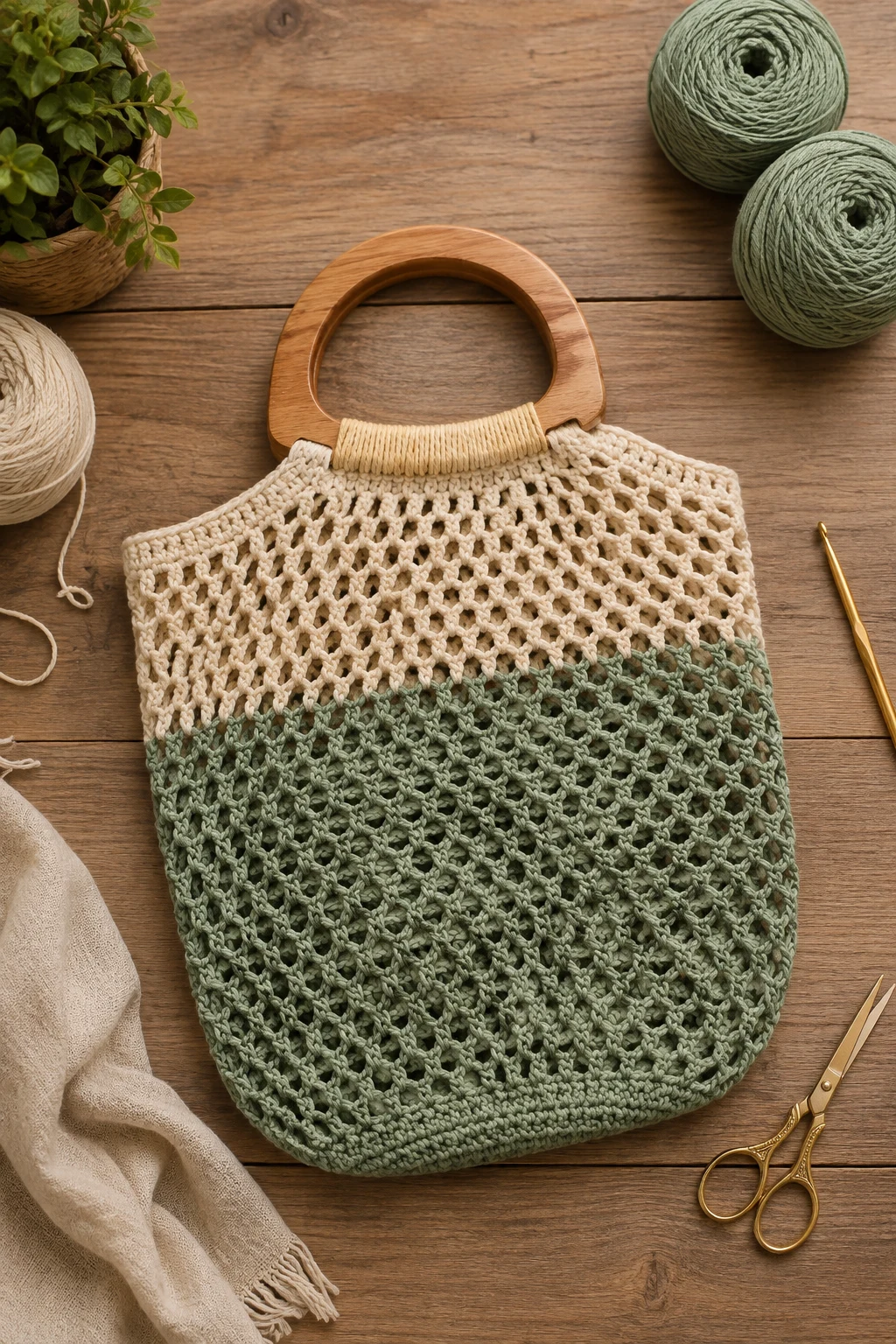 Crochet Mesh Bag With Wooden Handles — crochet mesh bag style outfit