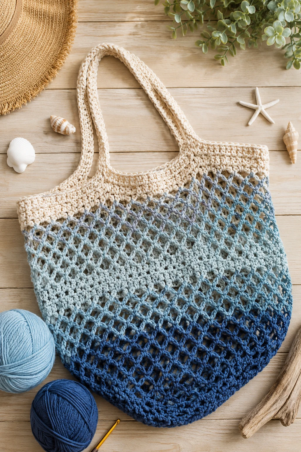 Coastal Blue Beach Bag — crochet mesh bag style outfit