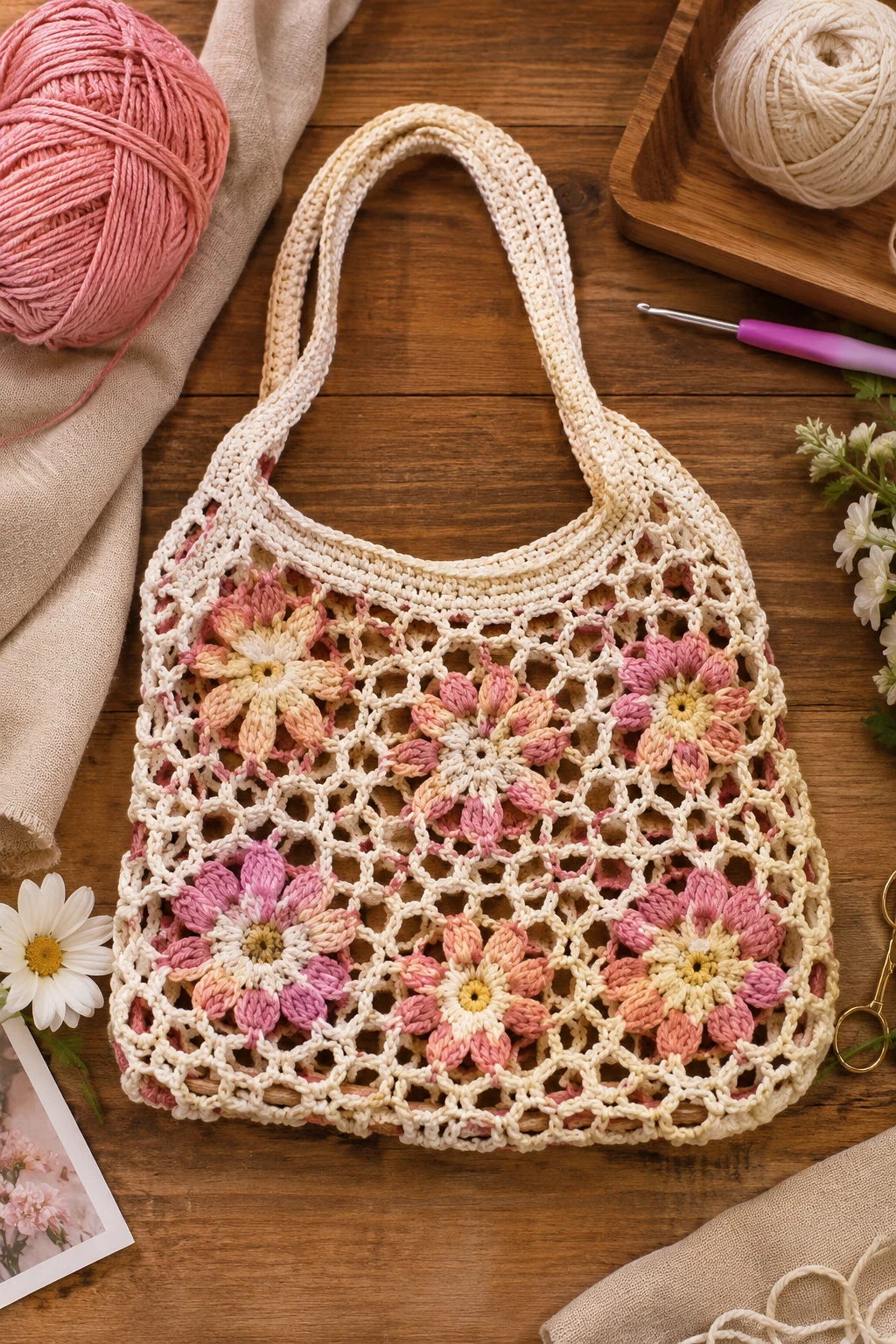 Floral Crochet Mesh Bag — crochet mesh bag style outfit