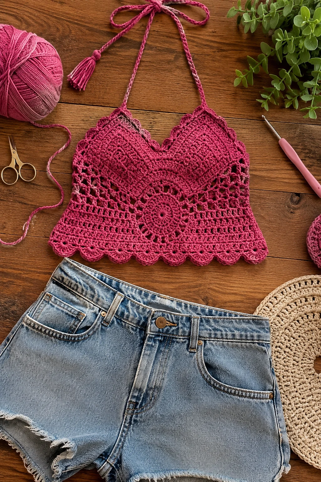Raspberry Crochet Top and Denim — Crochet Outfit Ideas Free Pattern style outfit