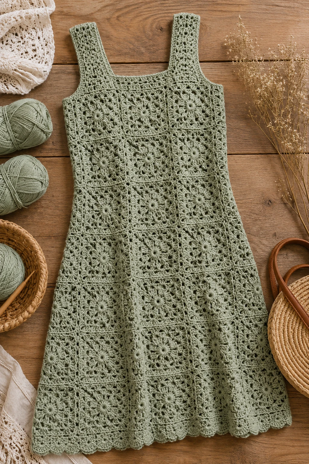 Sage Green Granny-Square Dress — Crochet Outfit Ideas Free Pattern style outfit