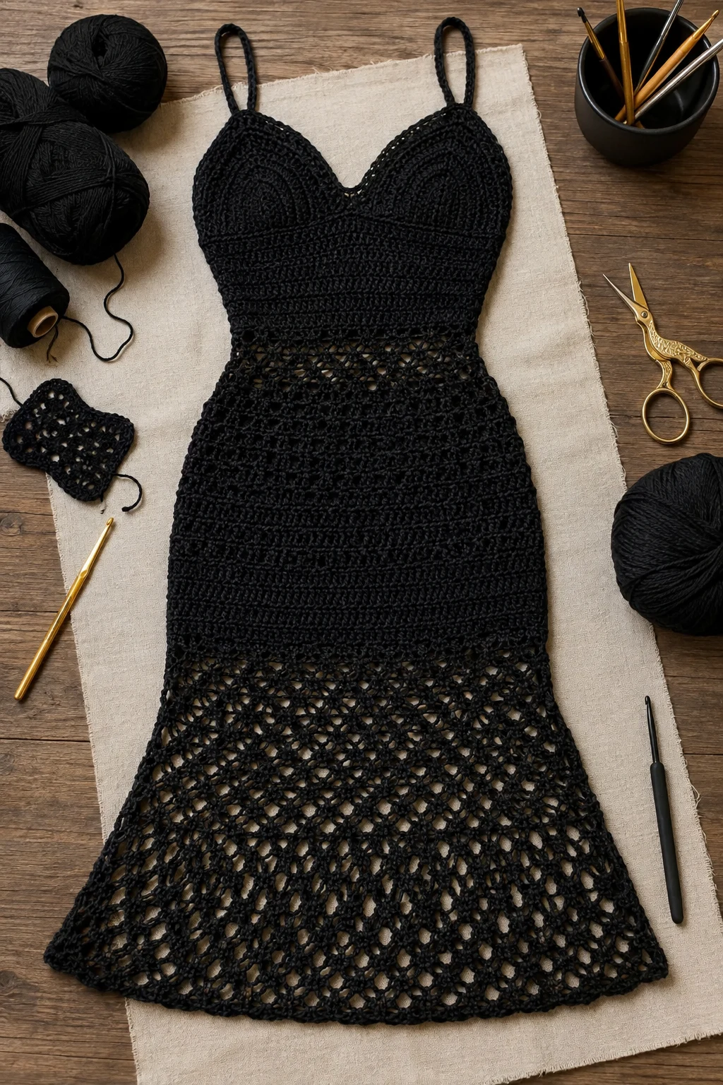 Crochet Ideas Free Patterns: Black Evening Dress — Crochet Outfit Ideas Free Pattern style outfit