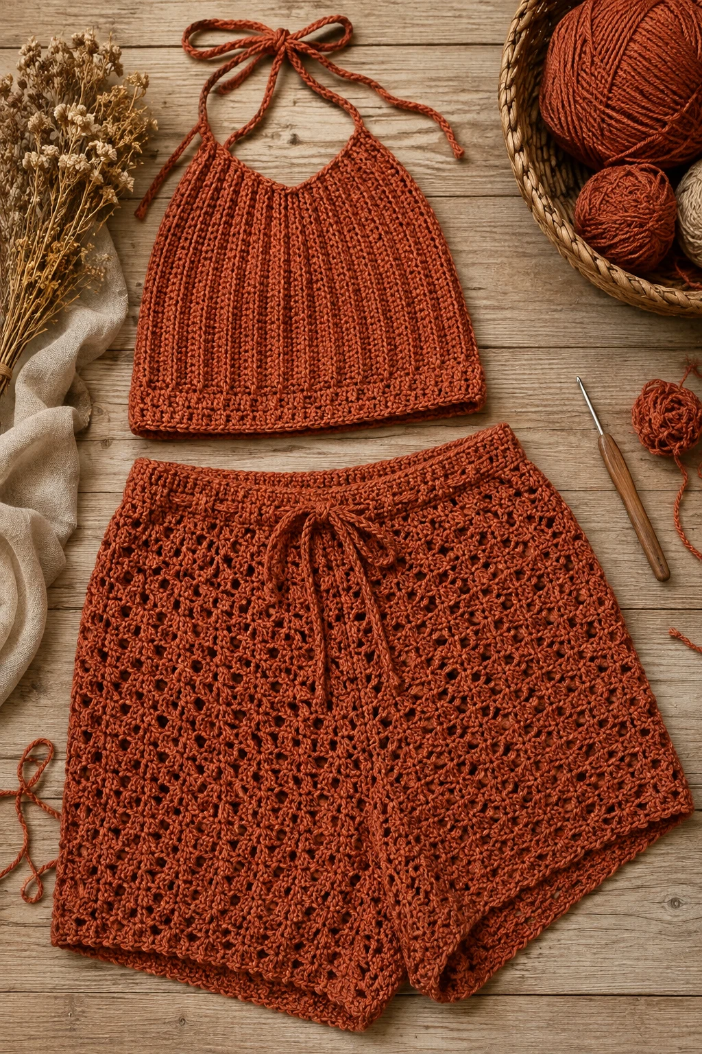 Terracotta Two-Piece Resort Set — Crochet Outfit Ideas Free Pattern style outfit
