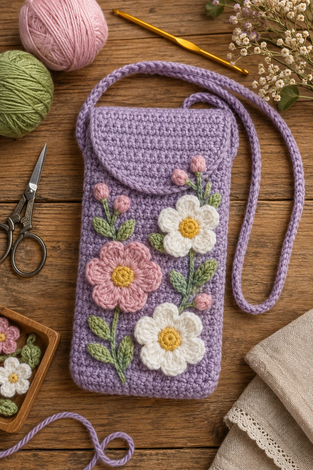 Floral Crochet Phone Bag — crochet phone bag style outfit