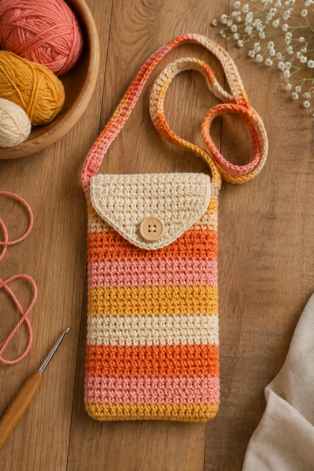 Sunset Stripe Crochet Phone Bag — crochet phone bag style outfit