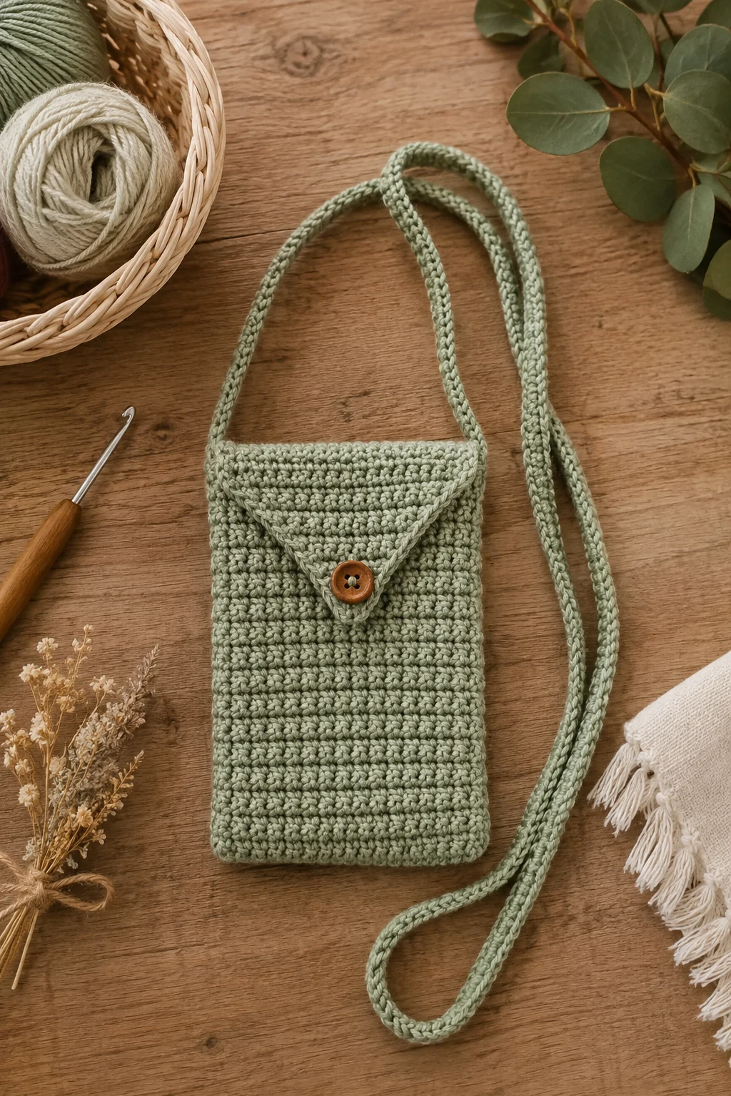 Beginner-Friendly Sage Green Bag — crochet phone bag style outfit