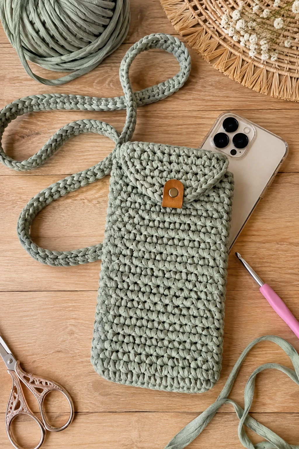 Crochet Phone Bag in T-Shirt Yarn — crochet phone bag style outfit