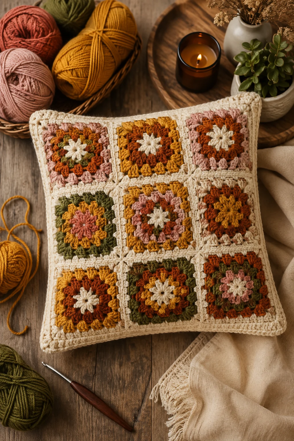 Retro Granny Square Glow — crochet pillow ideas style outfit