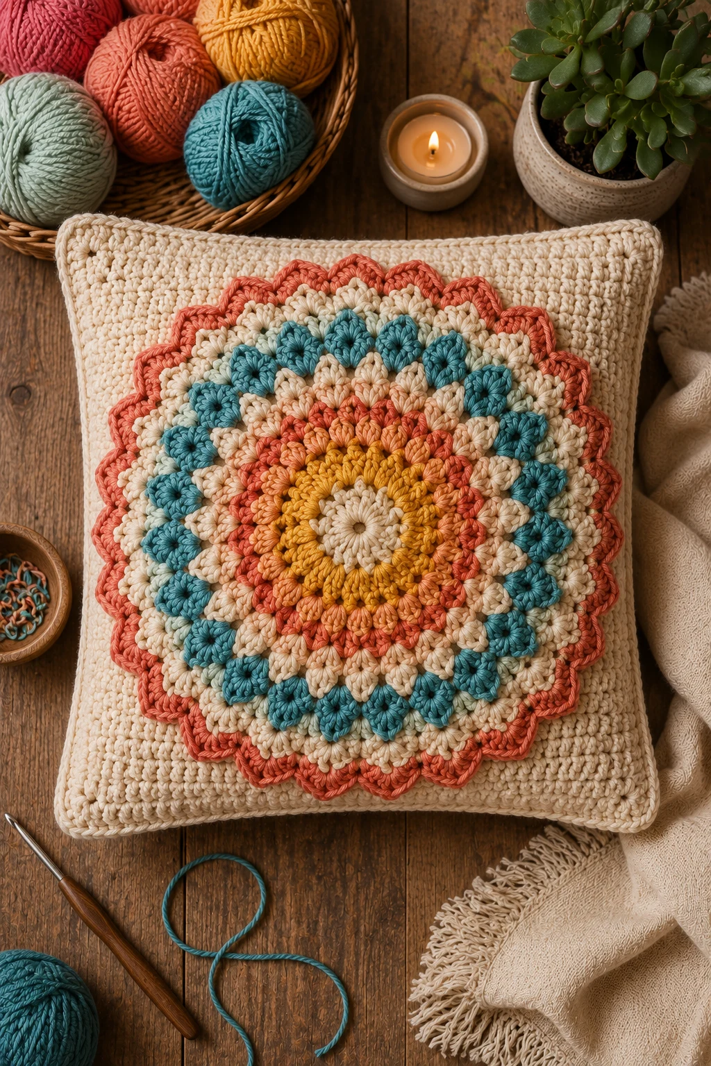 Sunburst Mandala Pillow — crochet pillow ideas style outfit