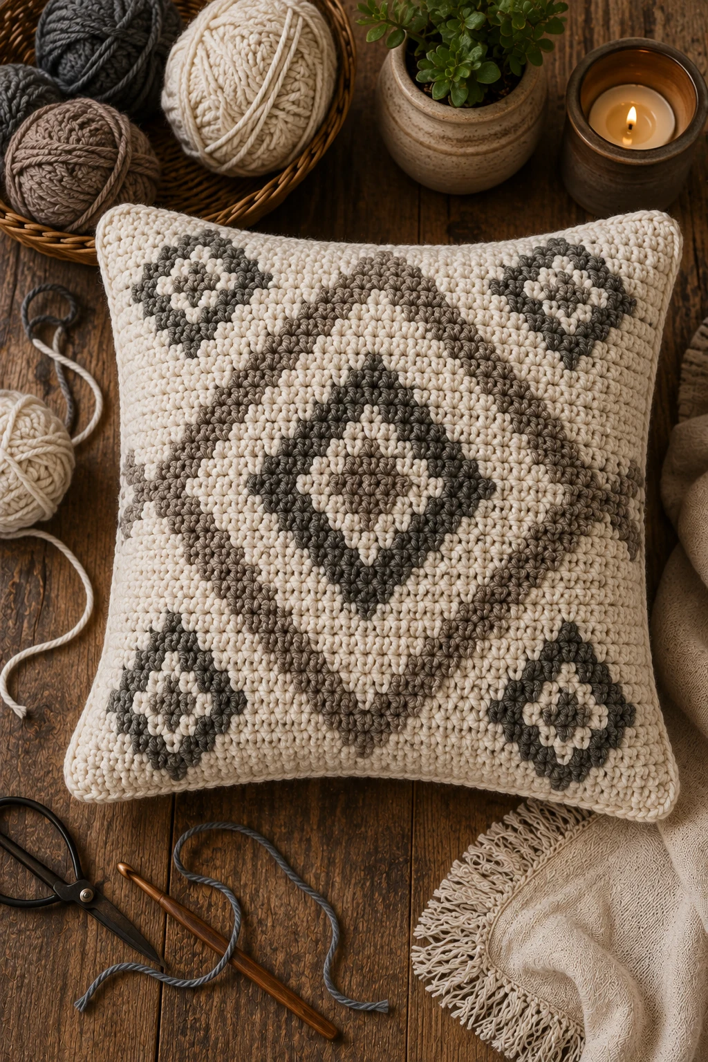 Farmhouse Diamond Cushion — crochet pillow ideas style outfit