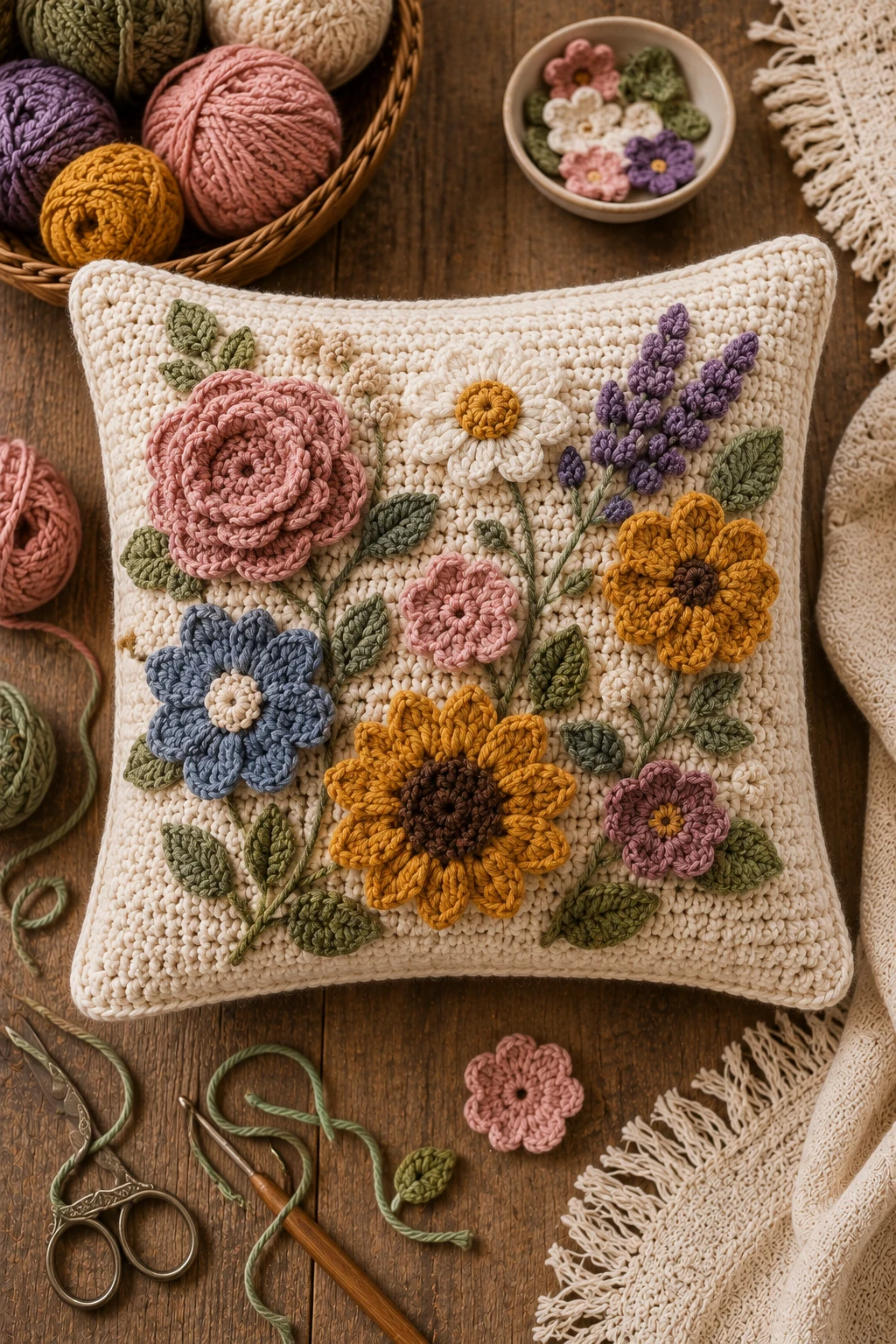 Floral Appliqué Pillow — crochet pillow ideas style outfit