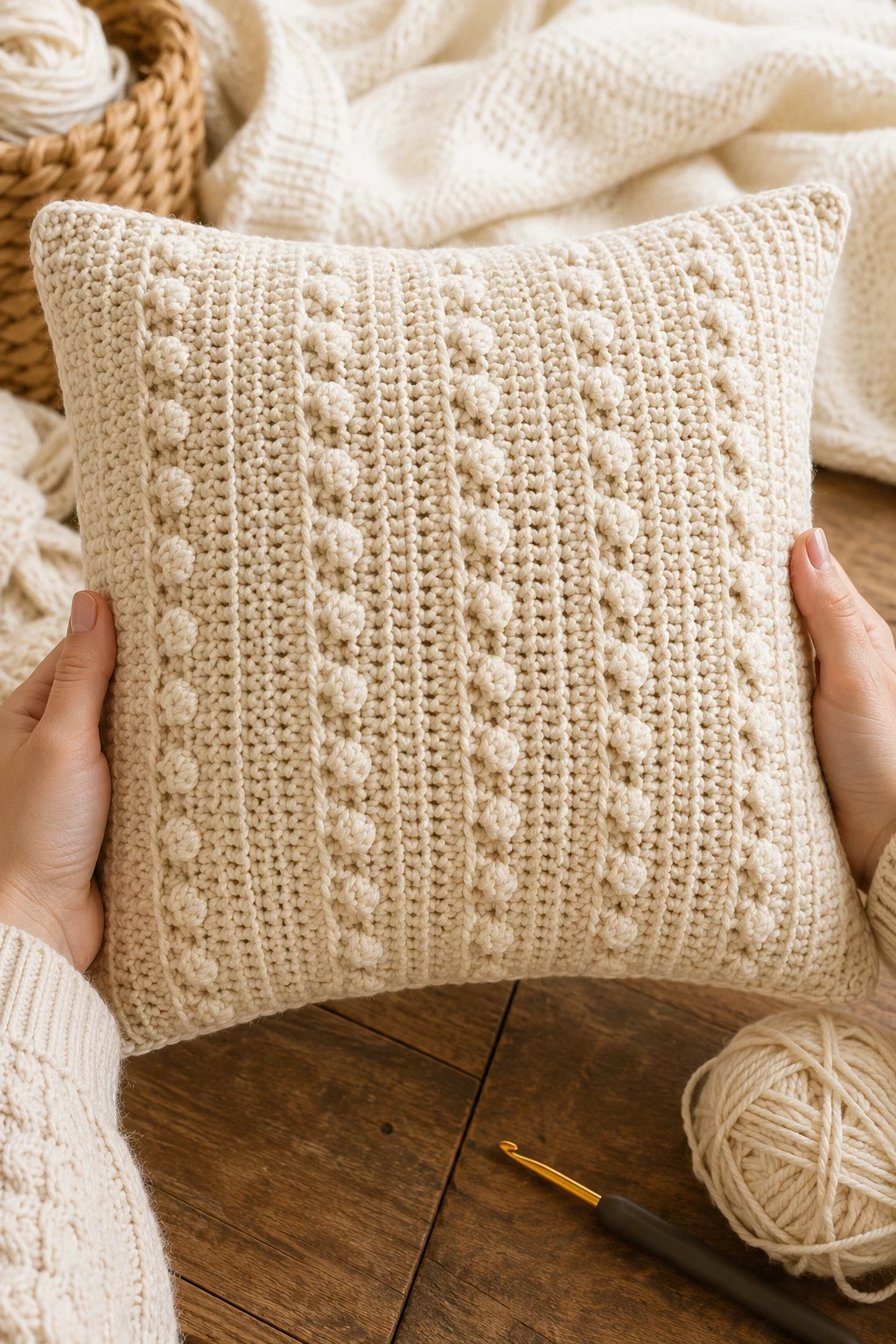 hands holding up the finished, completed crochet pillow patterns free up close, right after this final 