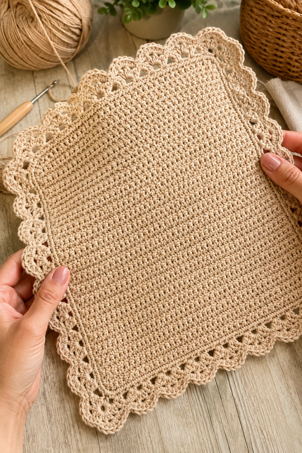 hands holding up the finished, completed crochet placemat patterns up close, right after this final