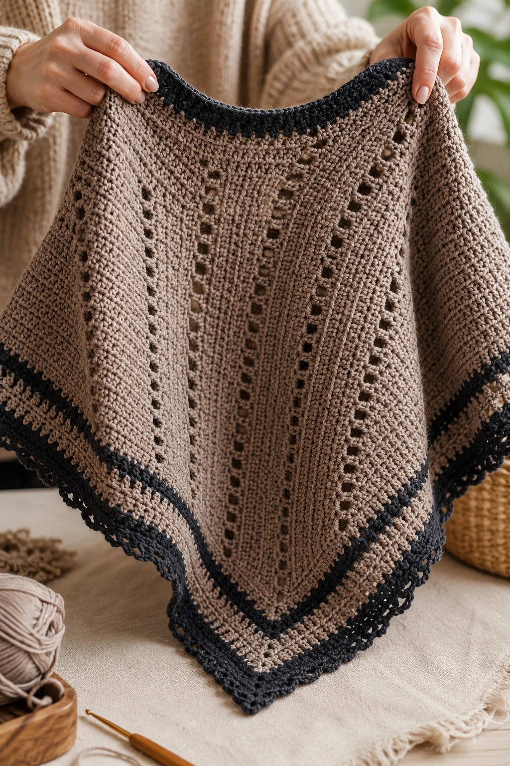 hands holding up the finished, completed crochet poncho patterns up close, right after this final 