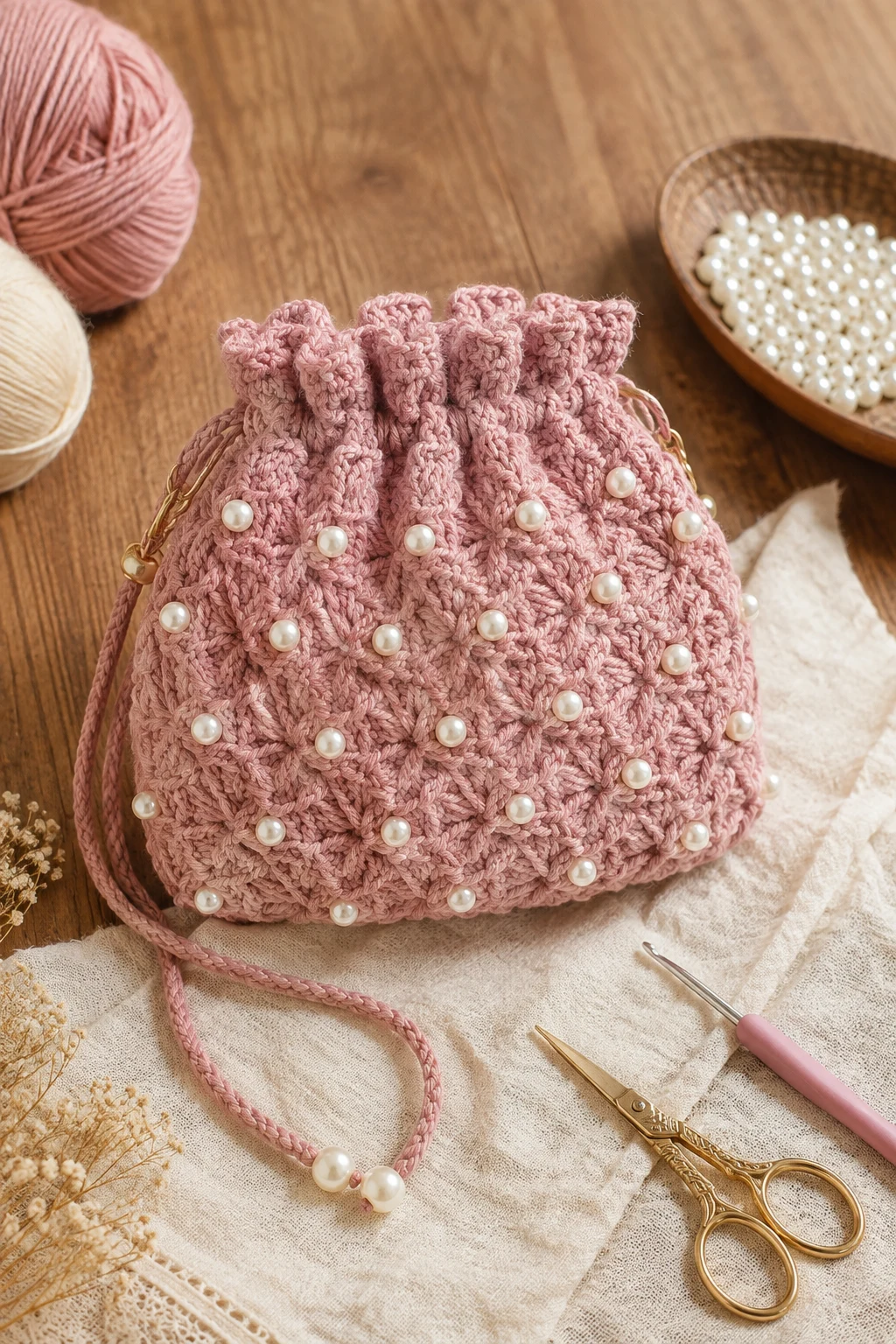 Blush Pink Pearl Potli Bag — crochet potli bag style outfit