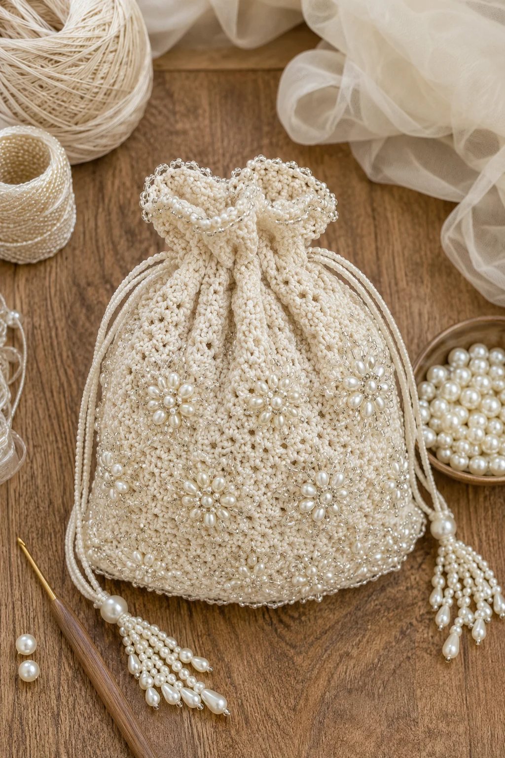 Beaded Ivory Bridal Pouch — crochet potli bag style outfit