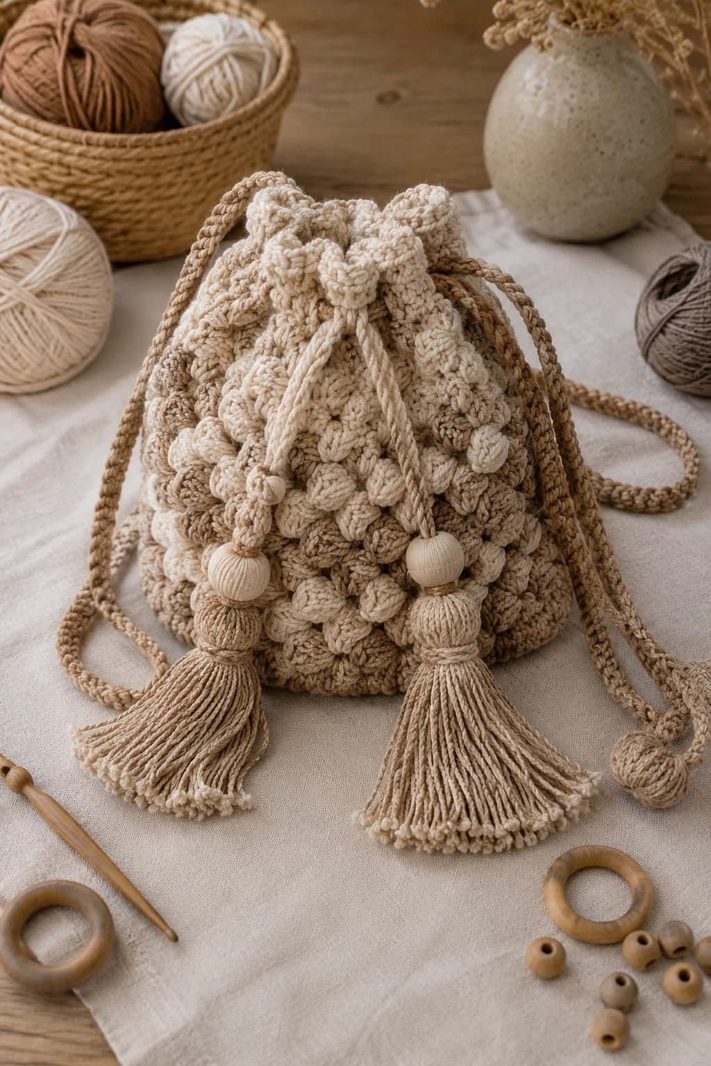 Chunky Neutral Statement Bag — crochet potli bag style outfit