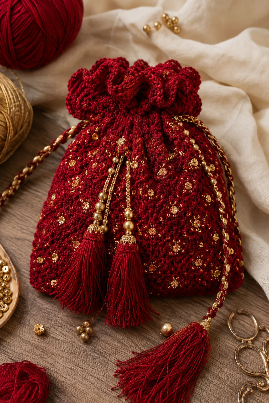 Ruby Red Tassel Party Bag — crochet potli bag style outfit