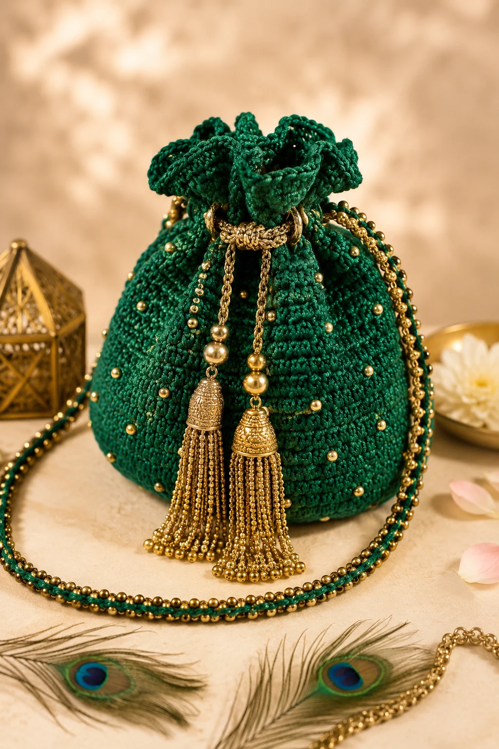 Emerald Green Festive Potli — crochet potli bag style outfit
