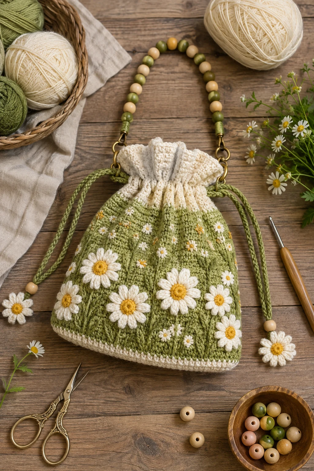 Daisy Meadow Mini Bag — crochet potli bag style outfit