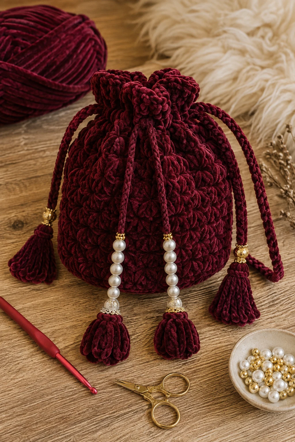 Burgundy Velvet-Style Potli — crochet potli bag style outfit
