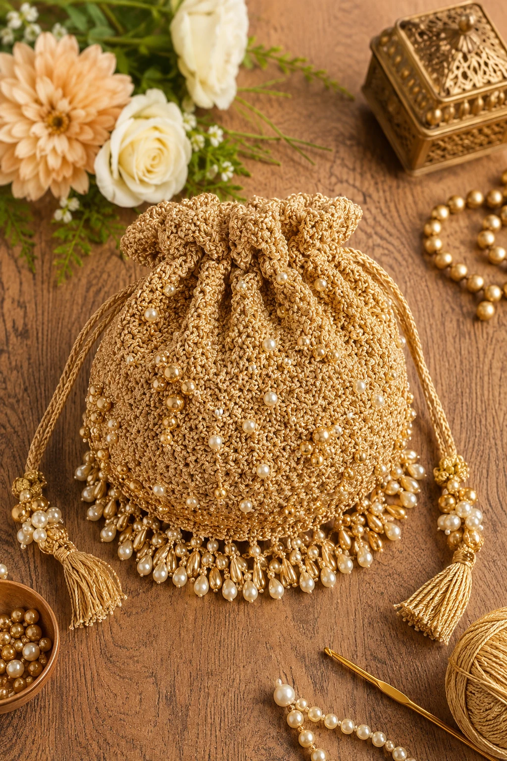 Golden Wedding Potli — crochet potli bag style outfit