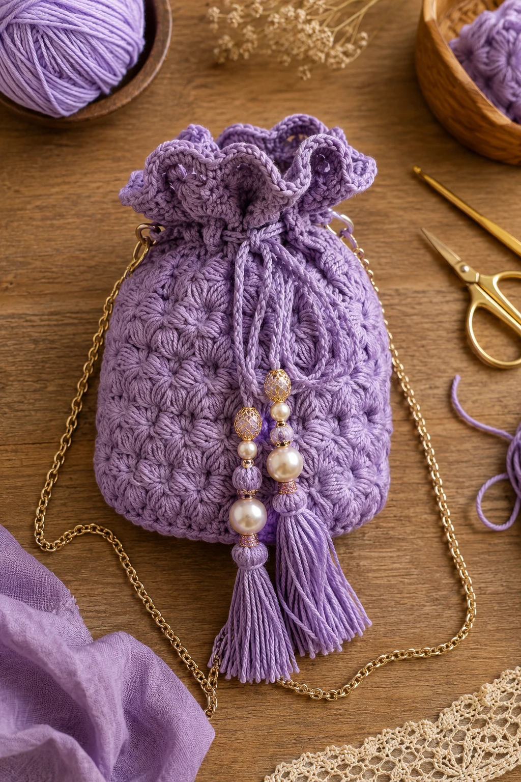 Lavender Puff-Stitch Potli — crochet potli bag style outfit