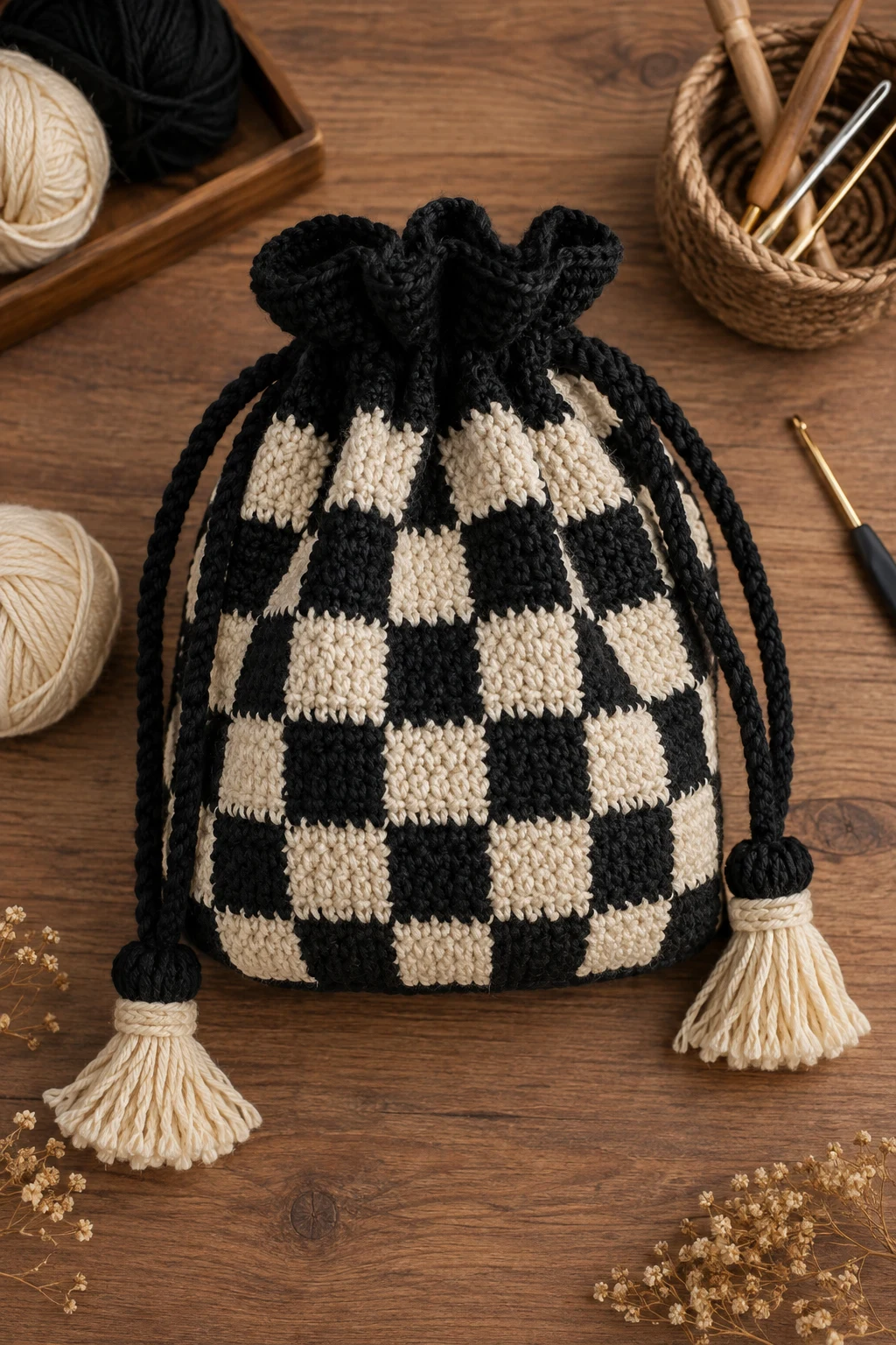 Black-and-Cream Checkerboard Potli — crochet potli bag style outfit
