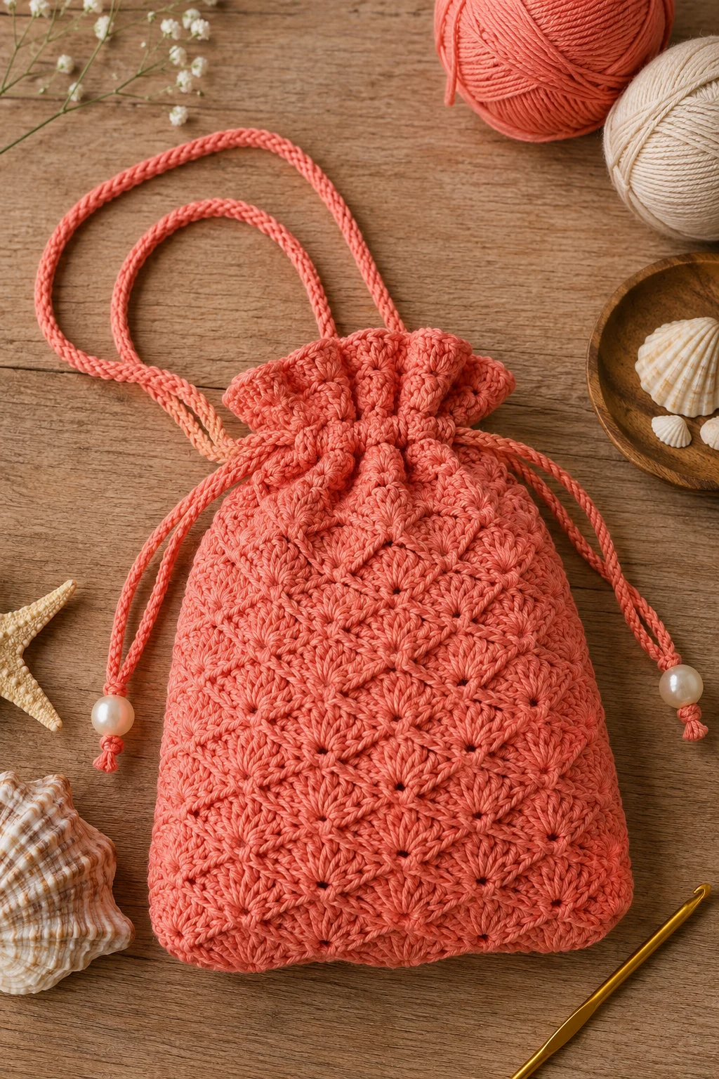 Coral Shell-Stitch Bag — crochet potli bag style outfit