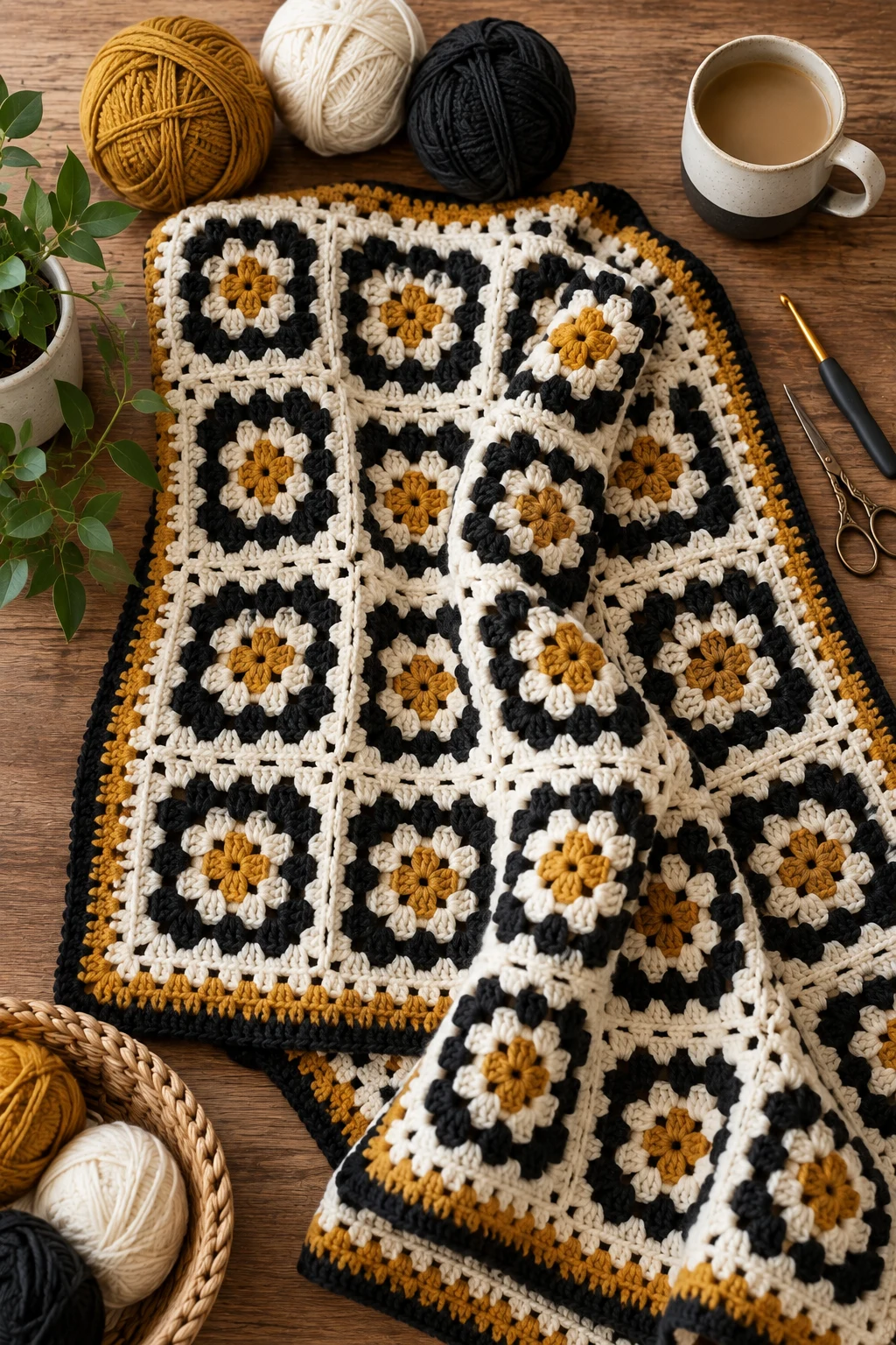 Modern Black, White, and Mustard Throw — crochet projects ideas granny blanket free pattern style outfit