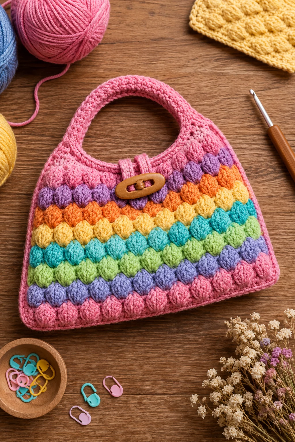 Colorful Bubble-Stitch Purse — crochet purse ideas style outfit