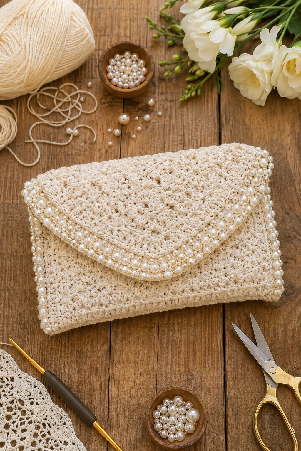 Pearl-Trimmed Evening Clutch — crochet purse ideas style outfit