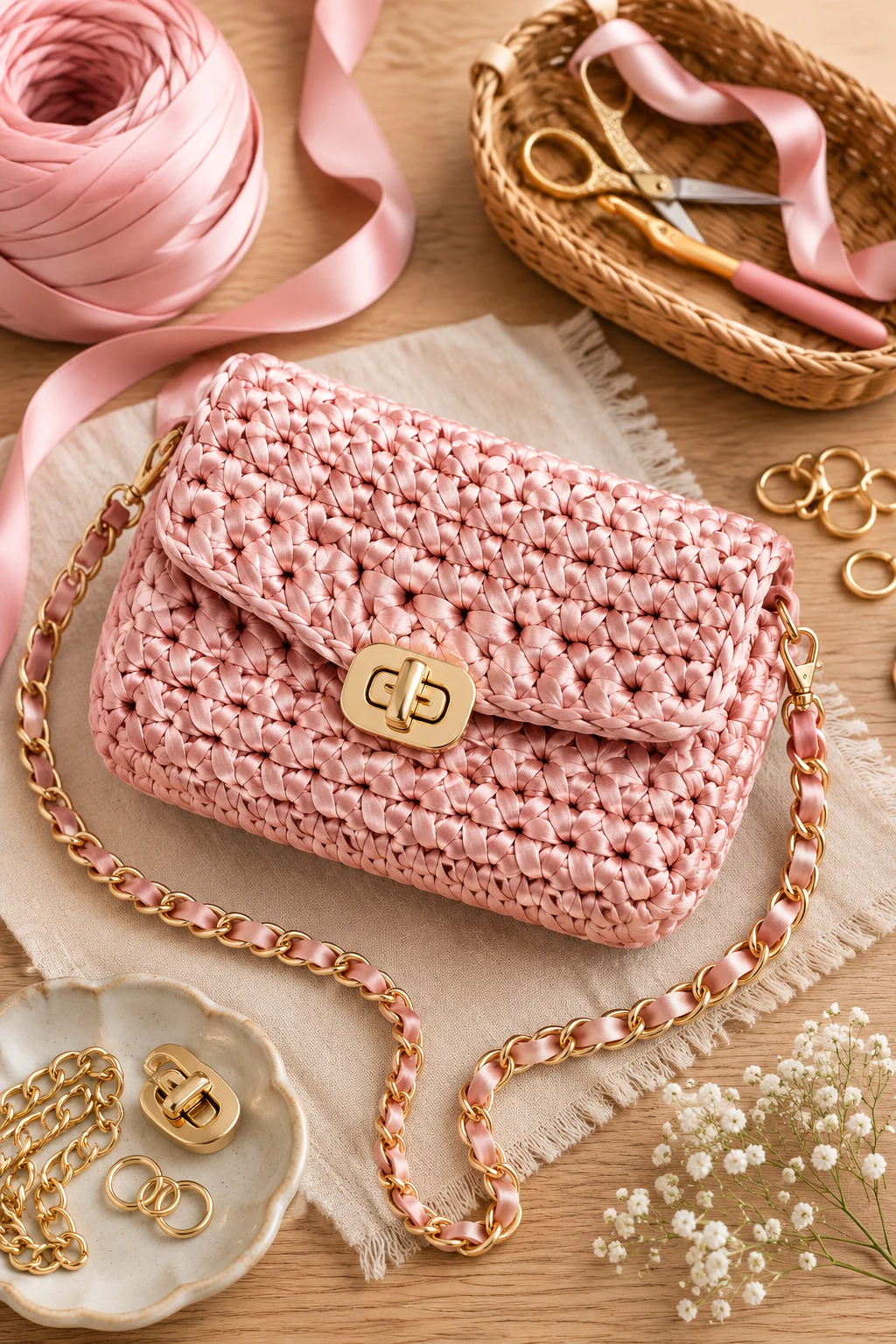 Blush Satin Crochet Ribbon Bag — crochet ribbon bag style outfit