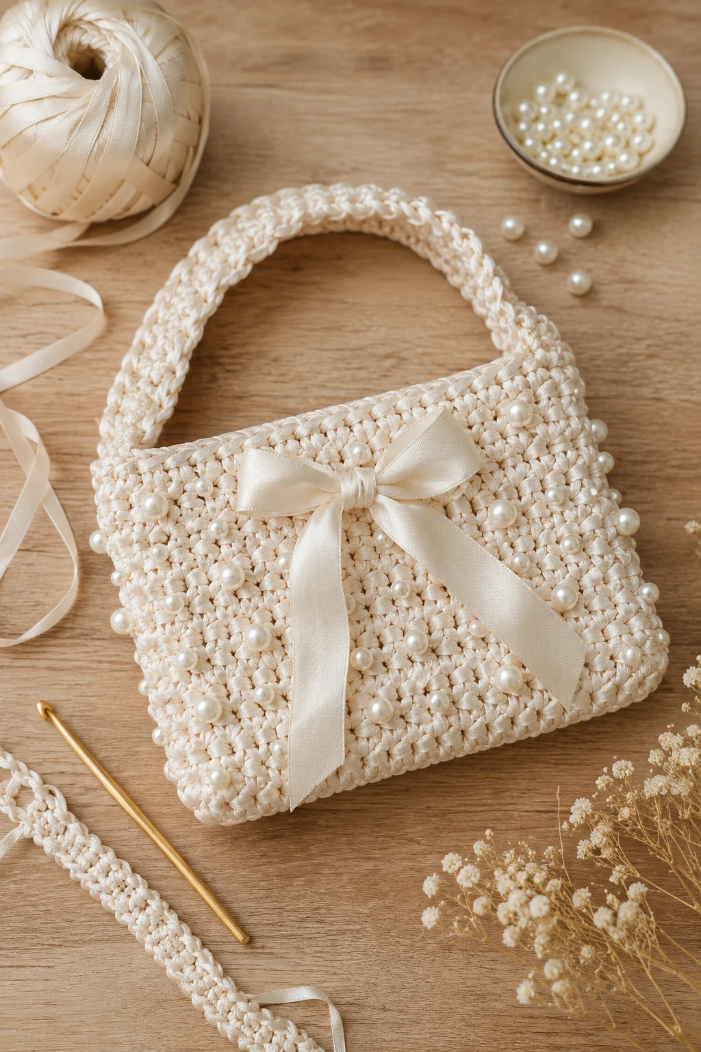 Crochet Satin Ribbon Bag With Pearls — crochet ribbon bag style outfit