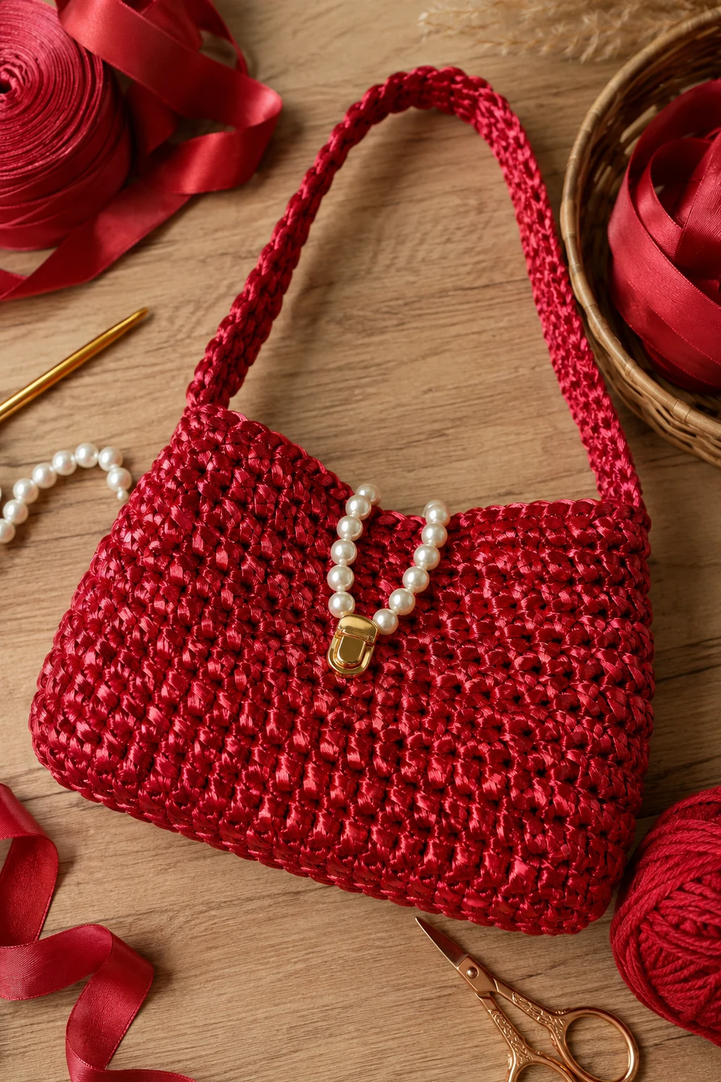 Red Date-Night Shoulder Bag — crochet ribbon bag style outfit