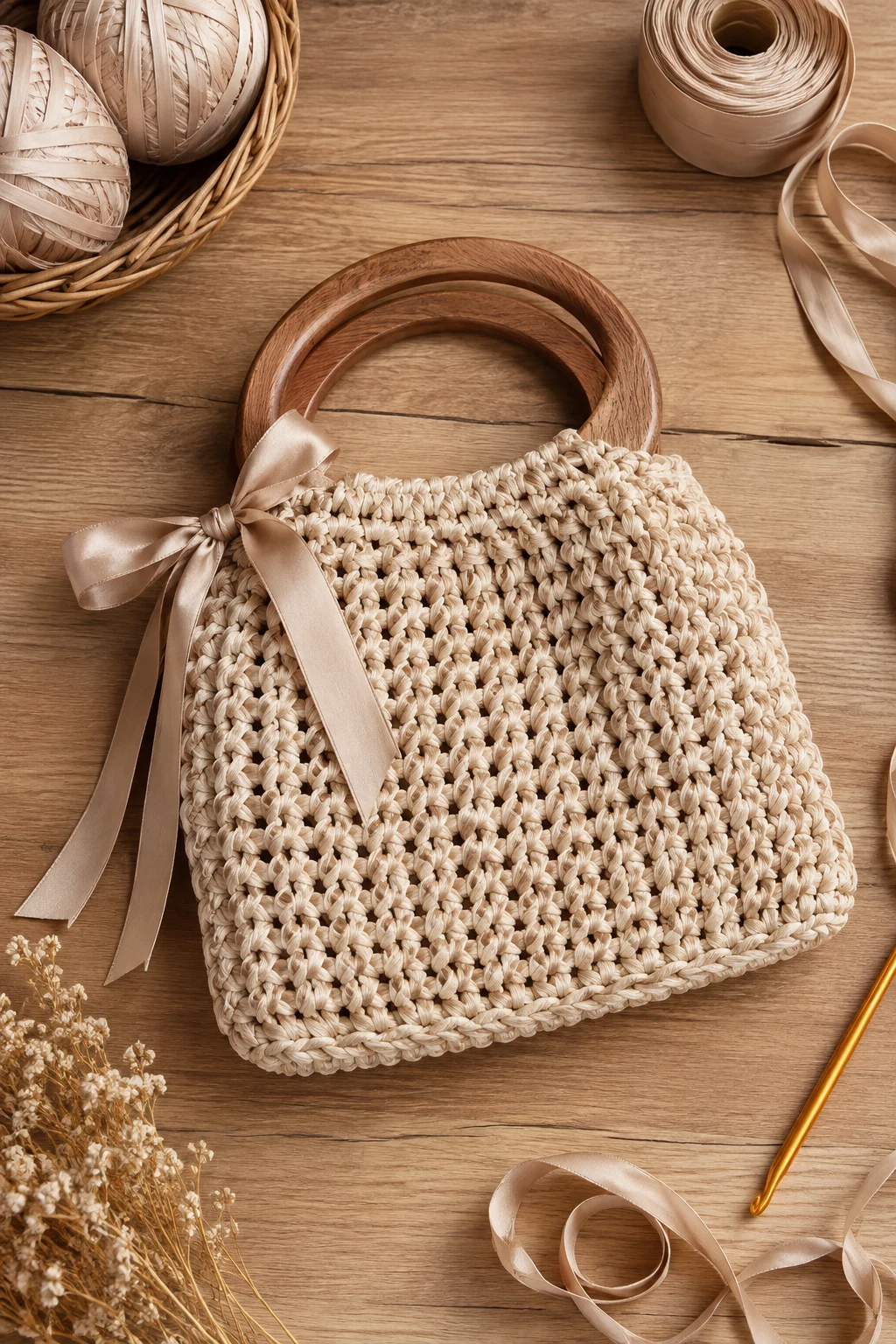 Crochet Ribbon Bag With Wooden Handles — crochet ribbon bag style outfit